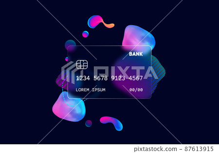 Glass morphism credit card template. Plastic rectangle of transparent plastic with blur effect. Liquid shapes morphism abstract art. 87613915