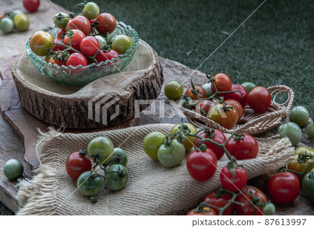 Group of Colorful variety of Fresh wild tomatoes (Mini Cherry Tomatos) on old wooden board background. 87613997