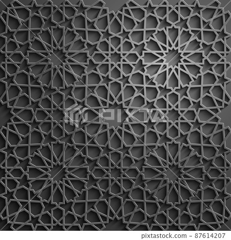 Islamic ornament vector , persian motiff . 3d ramadan islamic round pattern elements . Geometric circular ornamental arabic symbol vector . Black background 87614207