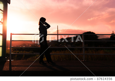 Silhouette of a woman on the platform of the station Silhouette of a woman on the platform of the station 87614356