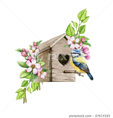 Cozy birdhouse with flowers spring leaves and chickadee. Watercolor realistic illustration. Blooming apple flowers and birch branches with lush leaves spring decor. Tender spring illustration 87614385
