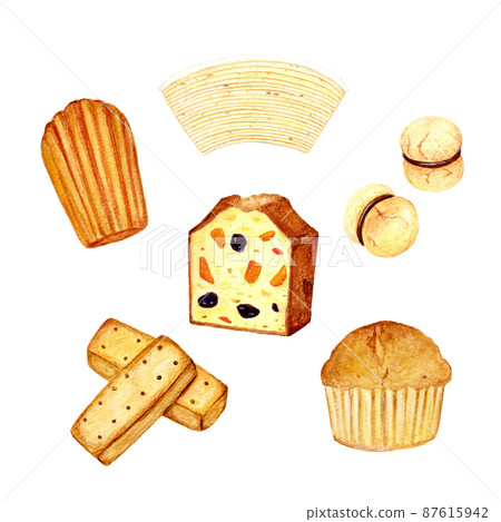 Hand-drawn watercolor cute baked goods set illustration (madeleine, cupcake, baumkuchen, cookie, pie Hand-drawn watercolor cute baked goods set illustration (madeleine, cupcake, baumkuchen, cookie, pie 87615942