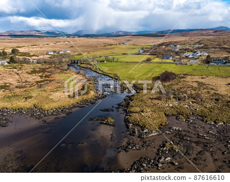 Aerial view of the mouth of the Owenea river by Ardara in County Donegal - Ireland Aerial view of the mouth of the Owenea river by Ardara in County Donegal - Ireland 87616610
