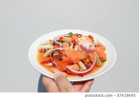 salmon and shrimp salad , spicy salad or spicy seafood salad 87616695