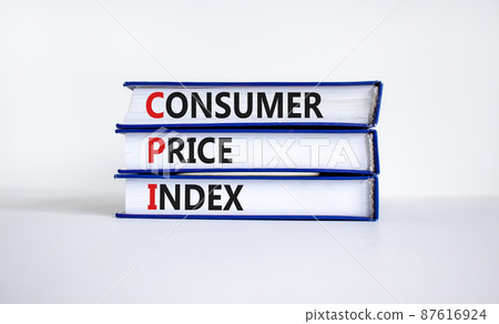 CPI, consumer price index symbol. Books with words 'CPI, consumer price index'. Beautiful white background, copy space. Business and CPI, consumer price index concept. CPI, consumer price index symbol. Books with words 'CPI, consumer price index'. Beautiful white background, copy space. Business and CPI, consumer price index concept. 87616924