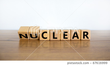 Nuclear or clear symbol. Turned wooden cubes and changed the word 'nuclear' to 'clear'. Beautiful wooden table, white background. Nuclear or clear and business concept. Copy space. 87616999