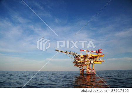 Offshore construction platform for production oil and gas. Oil and gas industry and hard work. Production platform and operation process by manual and auto function from control room. Offshore construction platform for production oil and gas. Oil and gas industry and hard work. Production platform and operation process by manual and auto function from control room. 87617505