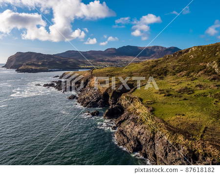 Aerial view of the beautiful coast at Kilcar and Teelin in County Donegal - Ireland 87618182
