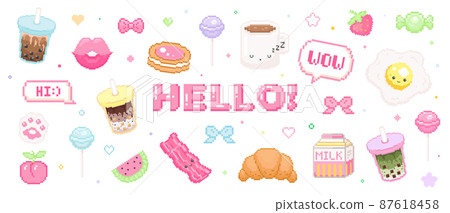 Pixel art 8 90s game vector stickers. labels, stamps, of cute food, drinks and sweets. 8 bit pixel candy, lollipop, egg and beacon, wow and hello text. Japanese kawaii elements. 87618458