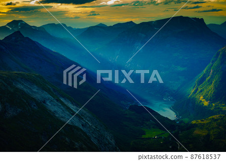 Fjord Geiranger from Dalsnibba viewpoint, Norway Fjord Geiranger from Dalsnibba viewpoint, Norway 87618537