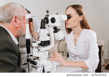 ophthalmologist examination of elderly man with slit lamp. medical equipment 87618592