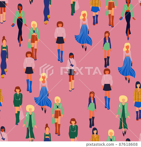 Seamless pattern. Women in trendy clothes. Fashion flat style illustration. 87618608