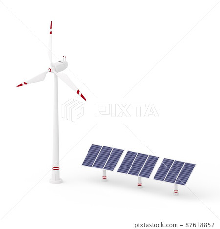 Isometric 3d render of wind turbine and solar panels in white red colors isolated Isometric 3d render of wind turbine and solar panels in white red colors isolated 87618852