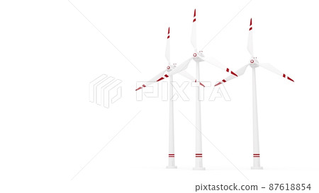 3d render of group of wind turbines in white red colors 3d render of group of wind turbines in white red colors 87618854