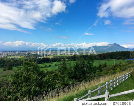 View of Mt. Usu, Date City, and Uchiura Bay from Mt. Usu SA (up) on the Hokkaido Expressway 87618968