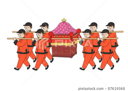 Religious procession with eight people carrying mikoshi 87619368