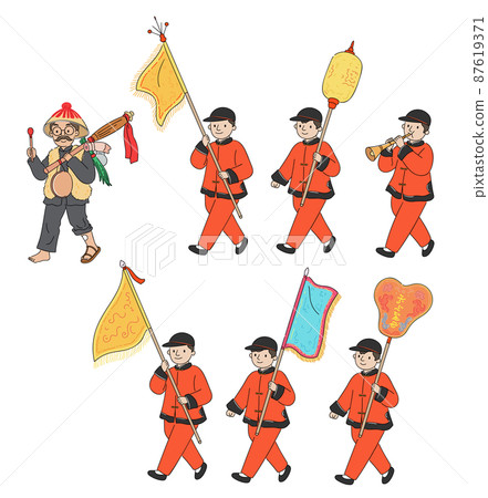 Procession with gongs and drums to participate in religious activities Procession with gongs and drums to participate in religious activities 87619371
