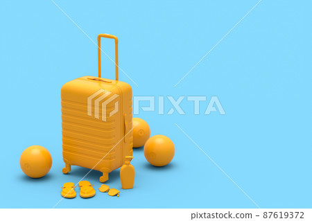 Colorful suitcase or baggage with beach accessories on monochrome blue background. 3D render of summer vacation concept and holidays 87619372