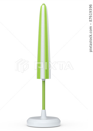 Green striped beach umbrella for lounge zone on seashore isolated on white background. 3D rendering concept of vacation travel destination 87619396