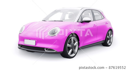 Pink cute little electric hatchback car. 3D illustration. 87619552