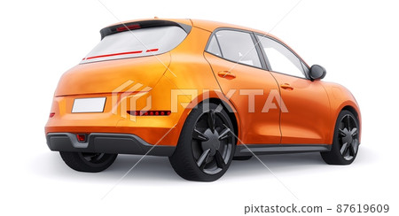 Orange cute little electric hatchback car. 3D illustration. 87619609