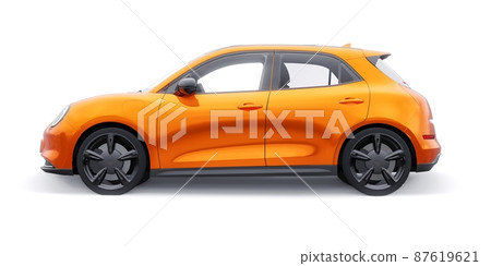 Orange cute little electric hatchback car. 3D illustration. Orange cute little electric hatchback car. 3D illustration. 87619621