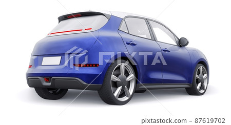 Blue cute little electric hatchback car. 3D illustration. 87619702