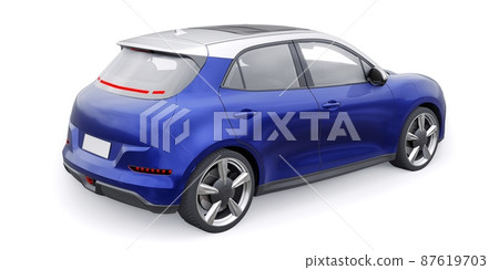 Blue cute little electric hatchback car. 3D illustration. 87619703