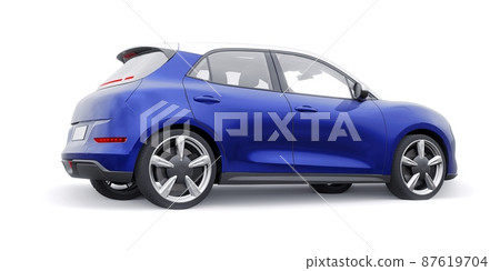 Blue cute little electric hatchback car. 3D illustration. 87619704