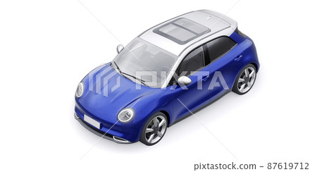 Blue cute little electric hatchback car. 3D illustration. Blue cute little electric hatchback car. 3D illustration. 87619712
