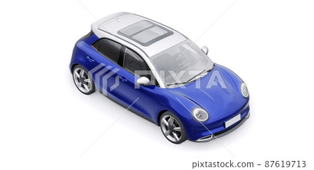 Blue cute little electric hatchback car. 3D illustration. 87619713