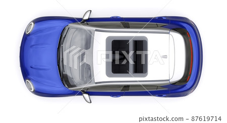 Blue cute little electric hatchback car. 3D illustration. 87619714
