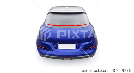 Blue cute little electric hatchback car. 3D illustration. Blue cute little electric hatchback car. 3D illustration. 87619758