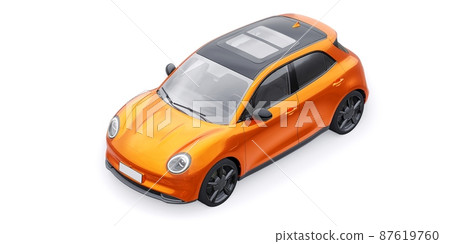 Orange cute little electric hatchback car. 3D illustration. Orange cute little electric hatchback car. 3D illustration. 87619760