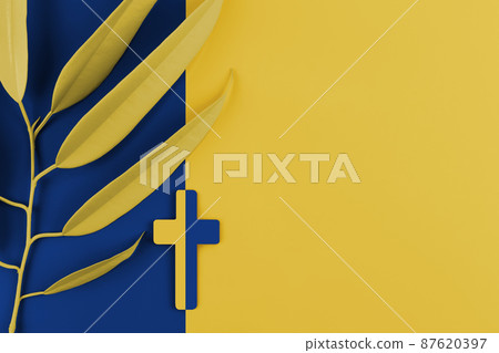 Pray for Ukraine. Catholic cross with palm leaf on the blue and yellow color background. War between Russia and Ukraine, 2022. Pray for Ukraine. Catholic cross with palm leaf on the blue and yellow color background. War between Russia and Ukraine, 2022. 87620397