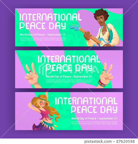 International peace day banners with hippie people 87620598