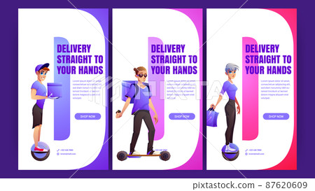 Delivery posters with people on electric transport 87620609