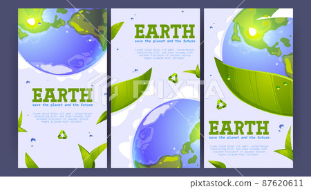 Save planet posters with Earth and green leaves Save planet posters with Earth and green leaves 87620611