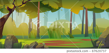 Summer forest landscape with glade, green grass Summer forest landscape with glade, green grass 87620737