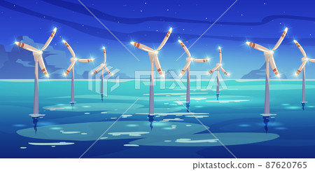 Night offshore farm with windmills in sea water Night offshore farm with windmills in sea water 87620765