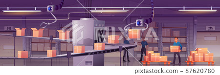 Factory warehouse with conveyor belt and robots Factory warehouse with conveyor belt and robots 87620780