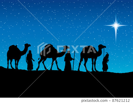 Three Wise kings following Star of Bethlehem. Vector illustration Three Wise kings following Star of Bethlehem. Vector illustration 87621212
