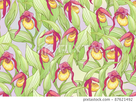 Lady's slipper orchid, Cypripedioideae, Seamless pattern, background. Lady's slipper orchid, Cypripedioideae, Seamless pattern, background. 87621492