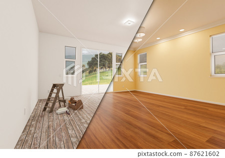 Unfinished Raw and Newly Remodeled Room of House Before and After with Wood Floors, Moulding, Light Yellow Paint and Ceiling Lights. 87621602