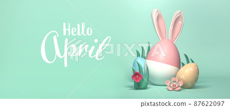 Hello April message with Easter eggs and rabbit ears Hello April message with Easter eggs and rabbit ears 87622097