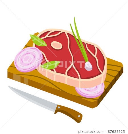 Piece of raw meat on chopping Board. Cooking food. 87622325