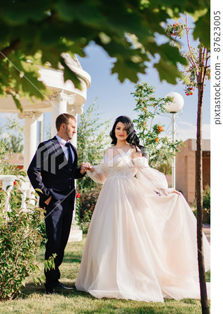 bride and groom walk holding hands through park by the rotunda. wedding walk.  87623005