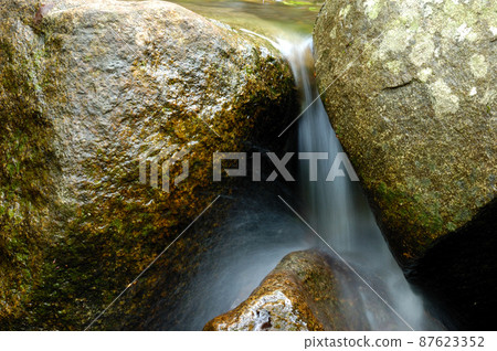 Long exposure view of a hidden river in Crimea, Ukraine. A stone set against a blurred water pattern is ideal for background use. 87623352