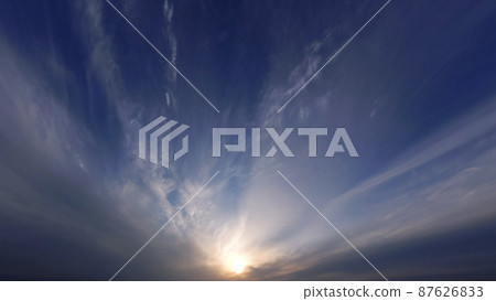 Evening sky with cirrus clouds spreading radially, winter, spring, super wide angle, 220307pm, sky only Evening sky with cirrus clouds spreading radially, winter, spring, super wide angle, 220307pm, sky only 87626833