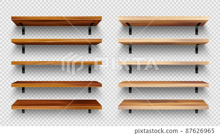 Realistic empty wooden store shelves set. Product shelf with wood texture and black wall mount Realistic empty wooden store shelves set. Product shelf with wood texture and black wall mount 87626965